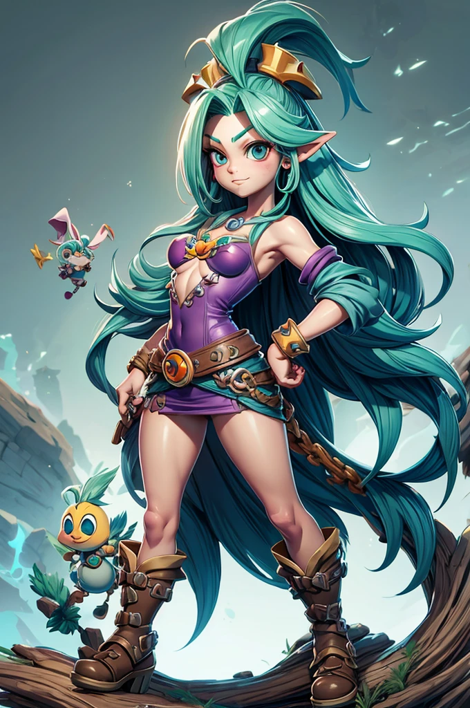 Rayman Legends style tree, character estilo art rayman legends, (girl), fully body, viking style, Giant Accessories,Giant Monster, Little bunny, sensuality, FANTASY