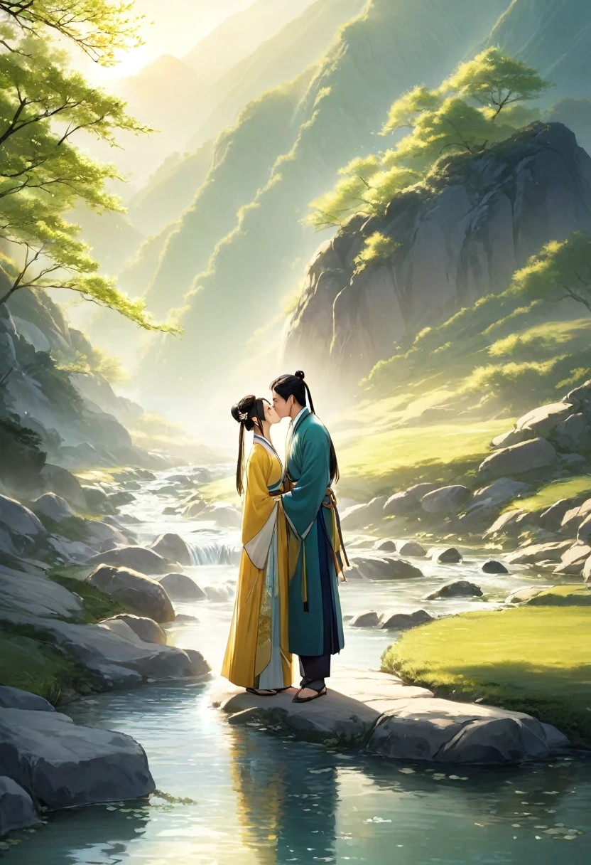 ancient china, spring morning with light sun light, in the foot of a mountain there is a stream, a man and a woman wearing hanfu standing next to the stream kiss each other