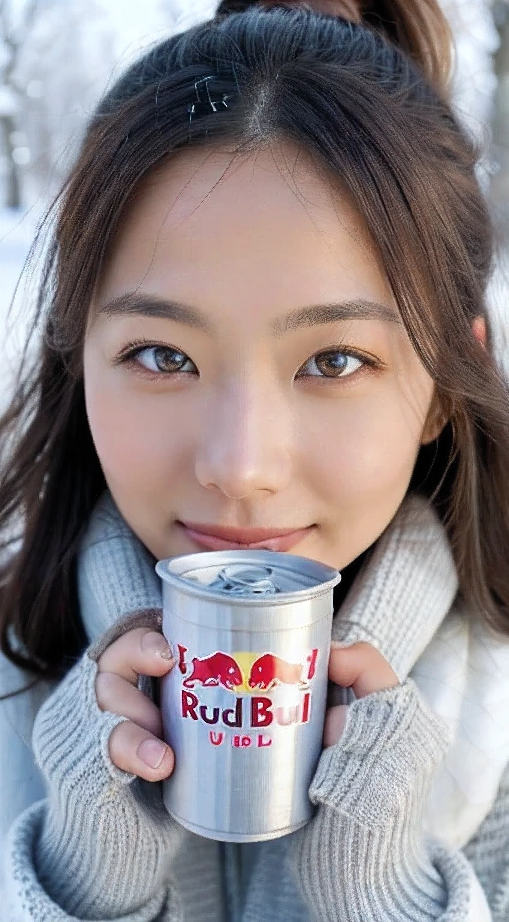 (masterpiece:1.35),(best-quality:1.4),8k,ultra-detailed,photography,(ultra-realistic:1.4),adult girl,long hair,sweater,snowing background,holding energy drink,Redbull brand,beautiful detailed eyes,beautiful detailed lips,extremely detailed face and eyes,longeyelashes,winter,snow,cozy,warm,smiling,calm,natural lighting,soft colors,glowing skin,intricate details