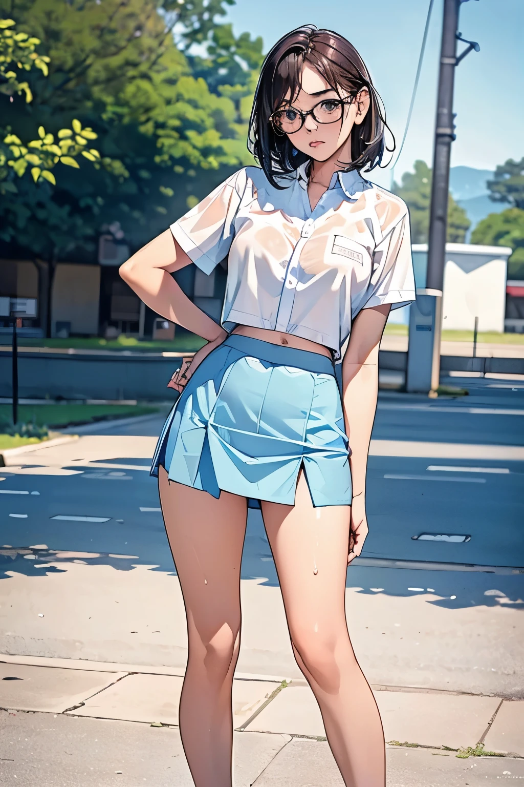 18 years old girl, (((at park))), (transparent white shirt), (wet shirt), (mini skirt:1.2), (pastel blue skirt), RAW photo, (photorealistic:1.37, realistic), highly detailed CG unified 8K wallpapers, 1girl, ((slender body:1)), (small breasts:1.3), looking at viewer, ((straight from front)), (HQ skin:1.2), (clean skin:1.2), 8k uhd, dslr, soft lighting, high quality, film grain, Fujifilm XT3, (full body:0.8) , tokyolagii , (bold glasses), full body in, perfect body, two legs, long legs, naval, (wide waist:1.2), (big tigh:1.3), crop top, oversized, (cleavage:0.7), sad, blushing