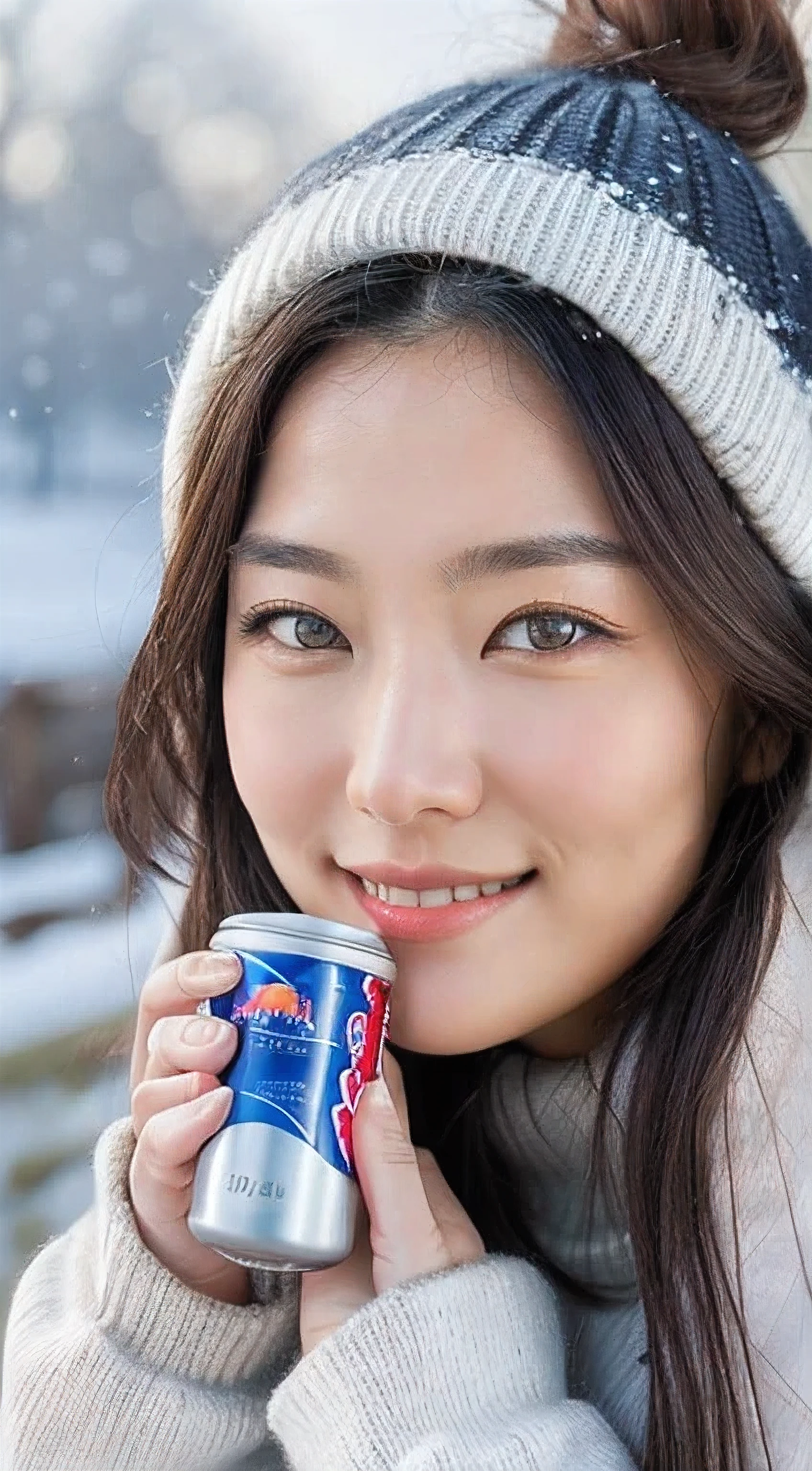 (masterpiece:1.35),(best-quality:1.4),8k,ultra-detailed,photography,(ultra-realistic:1.4),adult girl,long hair,sweater,snowing background,holding energy drink,Redbull brand,beautiful detailed eyes,beautiful detailed lips,extremely detailed face and eyes,longeyelashes,winter,snow,cozy,warm,smiling,calm,natural lighting,soft colors,glowing skin,intricate details