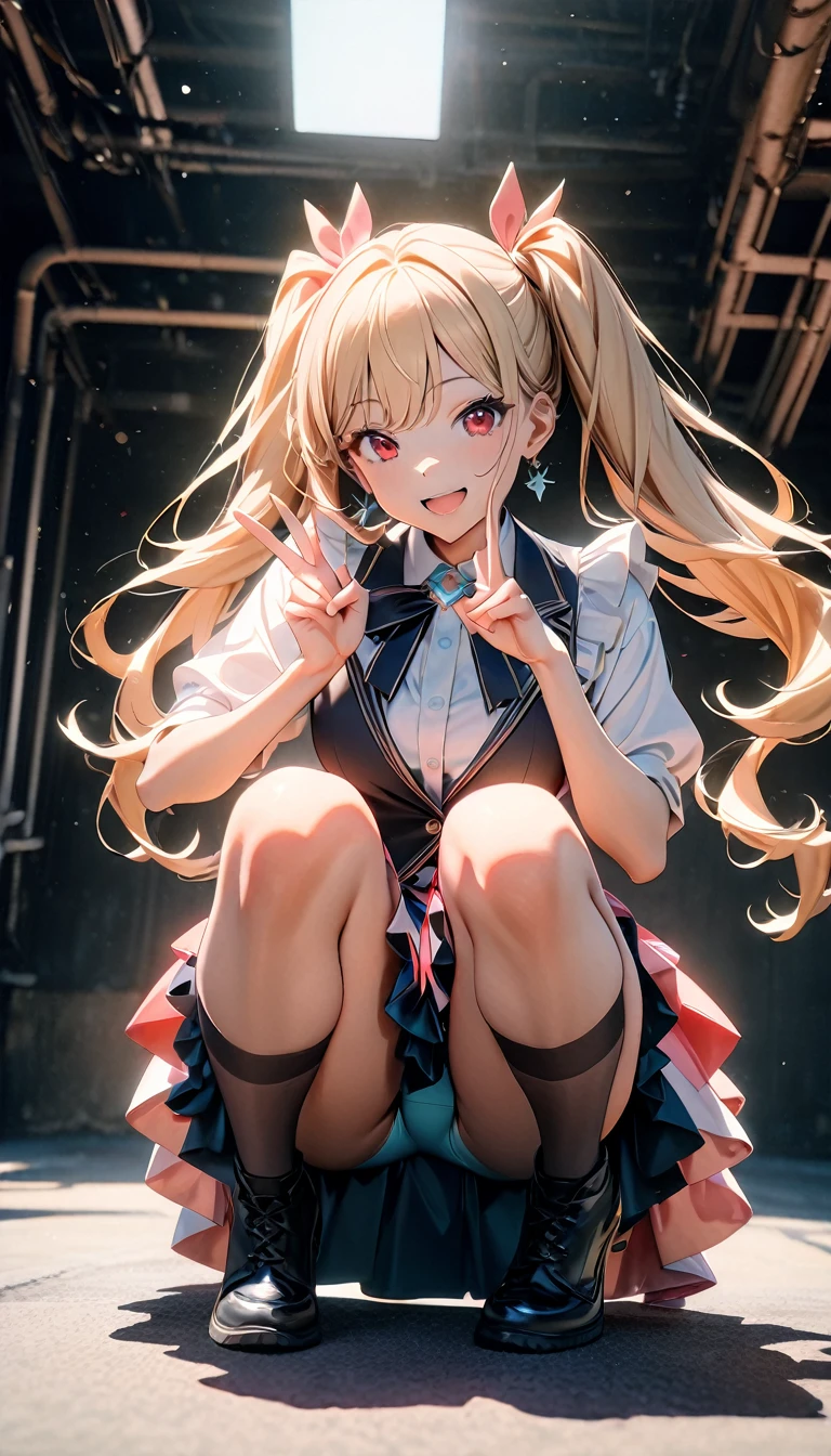 (8k, RAW Photos, 最high quality, masterpiece:1.2), high qualityのRAWカラー写真, Professional photo shoot, Cinematic Light, alone, (((1 girl))), blonde, Long Hair, Twin tails, Red eyes, jewelry, Earrings, Idol Costumes, Cute frills, pastel colour, Beautiful thighs, flare skirt, (smile:1.5), ((Open your mouth:1.2)), ((Random Action Pose:1.2, It's heartbreaking.)), (tits), squat, ((peace sign, Double Peace, 両手でpeace sign:1.1)), Beautiful Skin, Glowing Skin, Perfect Fingers, Five Fingers, Background Blur, high quality, Surreal, Bright colors, ((Very detailed, photo shoot)),