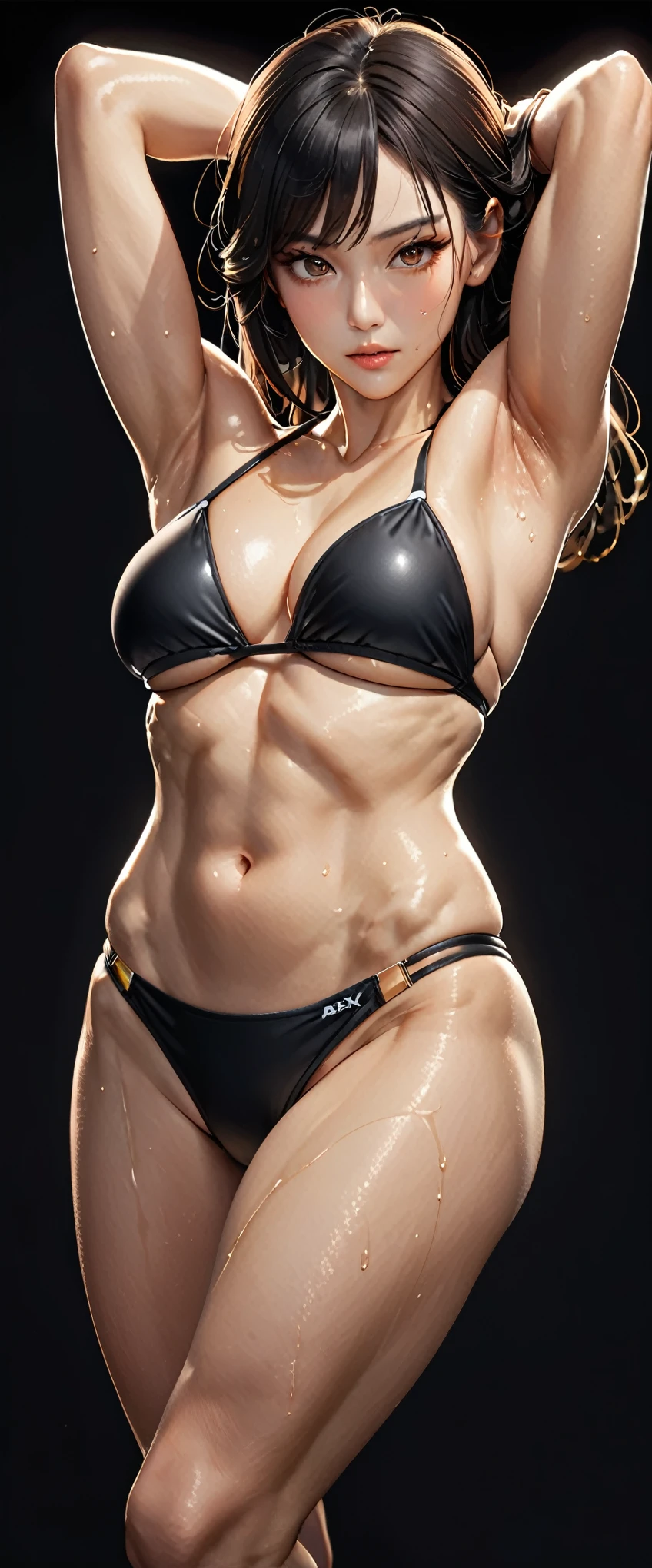(masterpiece),(Highest quality),(Very detailed),(Photorealistic Stick),(RAW Photos),8k,Cinema Lighting,(Written boundary depth),(Sophisticated lighting:1.2),(Middle-aged woman in a fitness bikini),Fitness bikini athlete,(A very thin black micro fitness bikini:1.3),Beautiful Japanese Woman,(Flashy makeup:1.2),ゴージャスなwhole bodyの肖像画,BREAK(brown eyes:1.4),(Detailed skin texture:1.2),(Glowing Skin:1.2),Long eyelashes,A lovely and delicate face,Muscular,Beautiful Muscles,(Thick thighs),(Black Hair),(((whole body:1.5))),Ultra-high resolution photos,BREAK(Looking into the camera),(Detailed hands:1.6),(Beautiful female hands:1.6),(((Hand,detailed,perfect,perfection,hands))),(whole bodyに汗をかいている),(Sweat texture:1.2),(sexy),((((Black background:1.6)))),((armpits:1.6)),(dynamic),(((sexyな表情:1.6)))