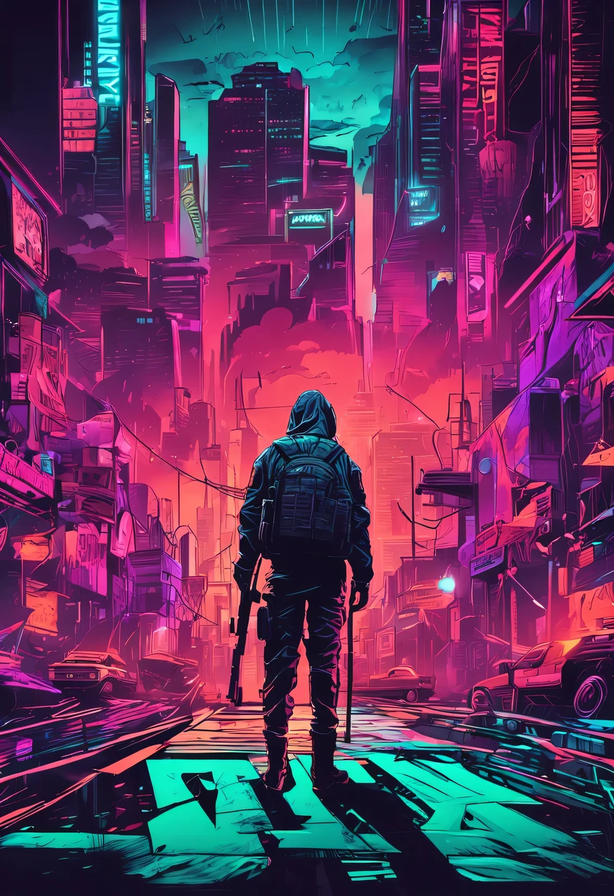 Trapper artist logo where the image is and a neon light with name Jiraya Thug in the shape of an ak 47 rifle with one with neon city around.