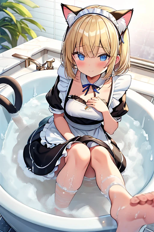 (Ultra high quality:1.6), (Highest quality:1.6), (Attention to detail:1.6), (Ultra-high resolution:1.6), (Detailed face:1.6), (Perfect Face:1,6), (Beautiful Eyes:1,6), (Detailed eyes:1.6), (Maid clothes, White apron, Headband, Black Dress, Blue ribbon, Maid clothes, Classic, Small breasts, Long:1.4), (白と黒のMaid clothes:1.6), (Blonde, Blue Eyes, Cat ear:1.5), cute, The best smile, Soaking wet, (Water droplets all over the body:1.4), (全身White foamまみれ:1.4), (Swimming in clothes, bathing, Bathroom, Longの浴槽:1.6), (relax, Relax in the bathtub:1.6), (Bubble bath:1.4, White foam:1.4), (Maid clothesのまま浴槽へ:1.4), 衣服にもWhite foam, (Immerse yourself in water from your toes to your chest:1.6), (Deep hot water:1.4), shampoo, Body Soap, Wash your body with your clothes on,