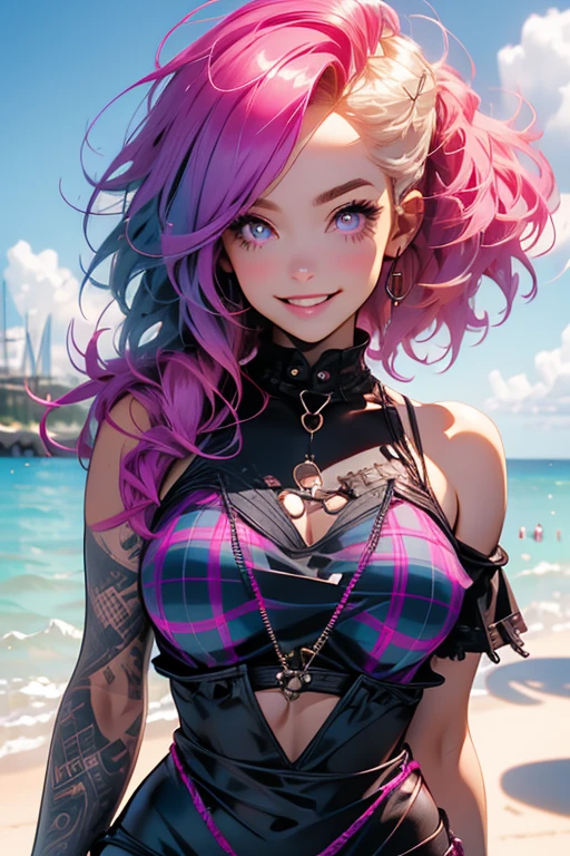 Perfect face. Perfect hands. A pink haired woman with violet eyes and an hourglass figure in a Gothic plaid bikini is posing on the beach with a big smile