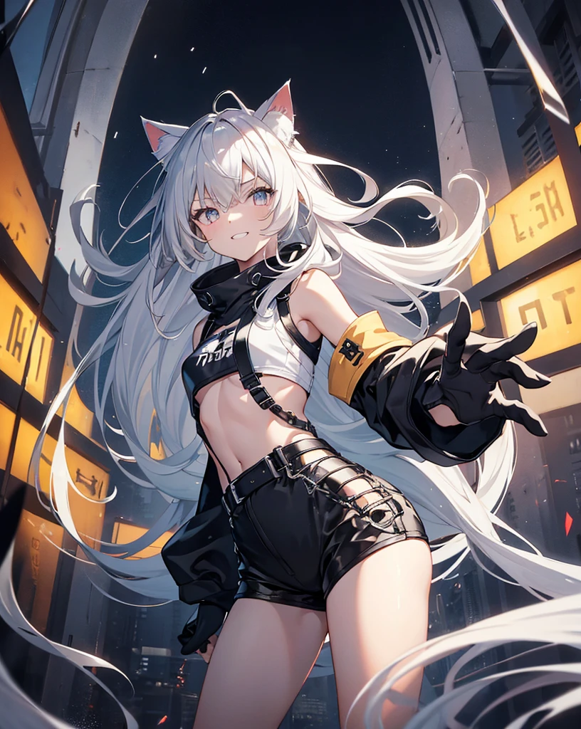 ((masterpiece, Highest_quality)), One girl, (Realistic:1.4), alone, white_background, brown_hair, length_hair, absolute_ryouiki, ((full_body)),Large hooded jacket＿The zipper is closed only at the bottom、The belly button is visible、Short tank top＿black、Cat ear、It has a big tail、Big sneakers((Push both hands forward)、((Leaning forward)),Front face、smile、Reaching arms forward