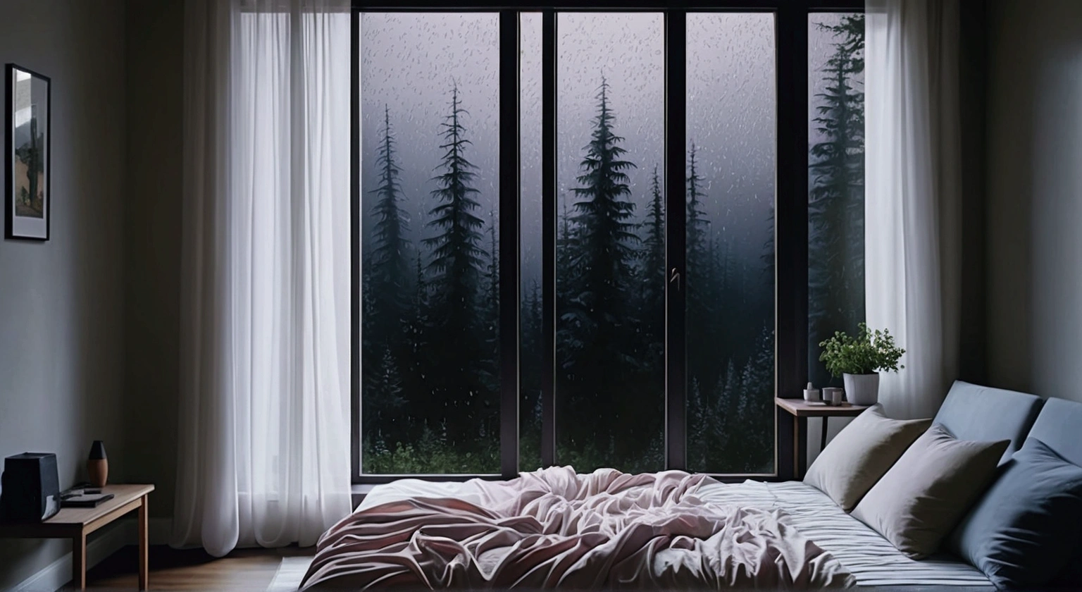 a bed sitting in a bedroom next to a window, a hyperrealistic painting, inspired by Gregory Crewdson, unsplash contest winner, youtube video screenshot, still from a nature documentary, rainy mood, style of aenami alena