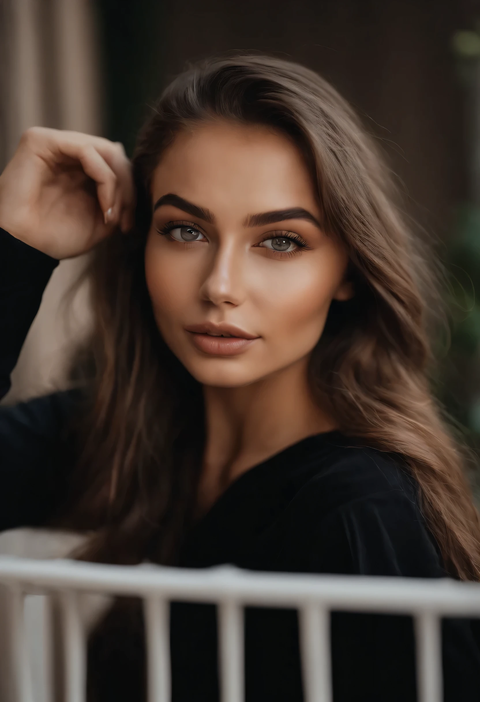 Arafed woman with black clothes, fille sexy aux yeux bruns, Portrait Sophie Mudd, cheveux bruns et grands yeux, selfie of a young woman, Yeux de chambre, Violet Myers, sans maquillage, maquillage naturel, looking straight at camera, Visage avec Artgram, Maquillage subtil, Superbe photo du corps entier, on a balcony with mountains behind her, clivage, souriante, peau noire