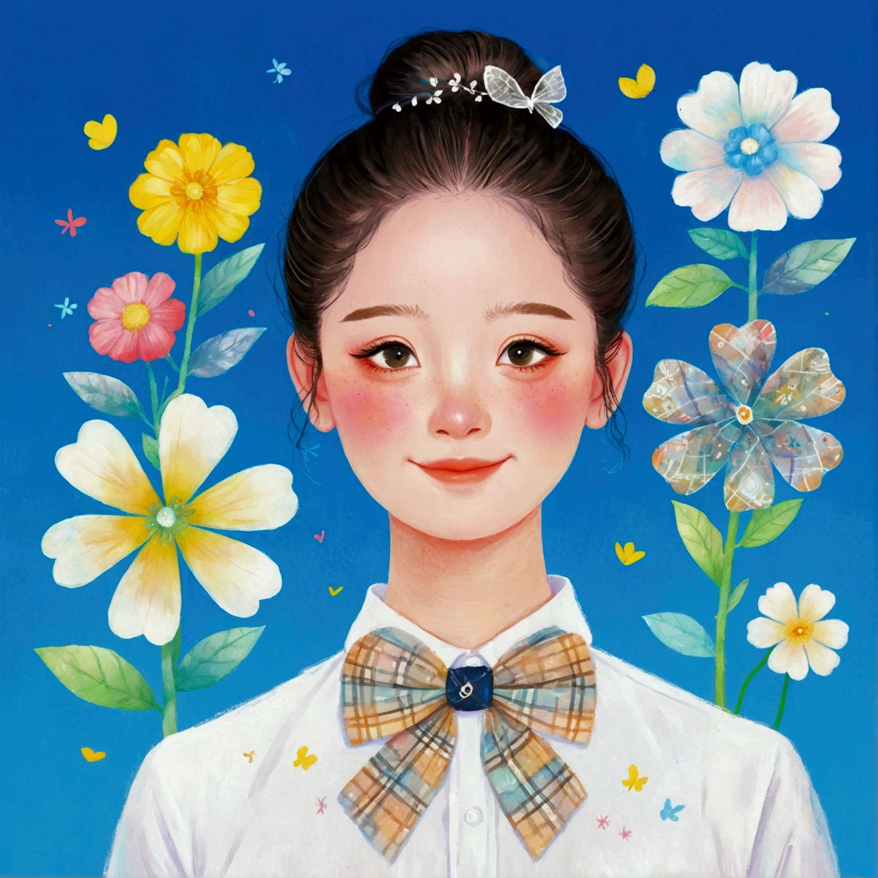 Pastel Art：Illustration for girls, big eyes，Smile，High bun，White shirt，bow tie。The Art of Mathematics ，Hot trends, The Art of Mathematics, 采用数码Illustration style, The Art of Mathematics. The Art of Mathematics illustration, Flower-faced girl, Cute illustrations, The breath of spring, Illustration Art, Illustration style, Drawn in a whimsical style
