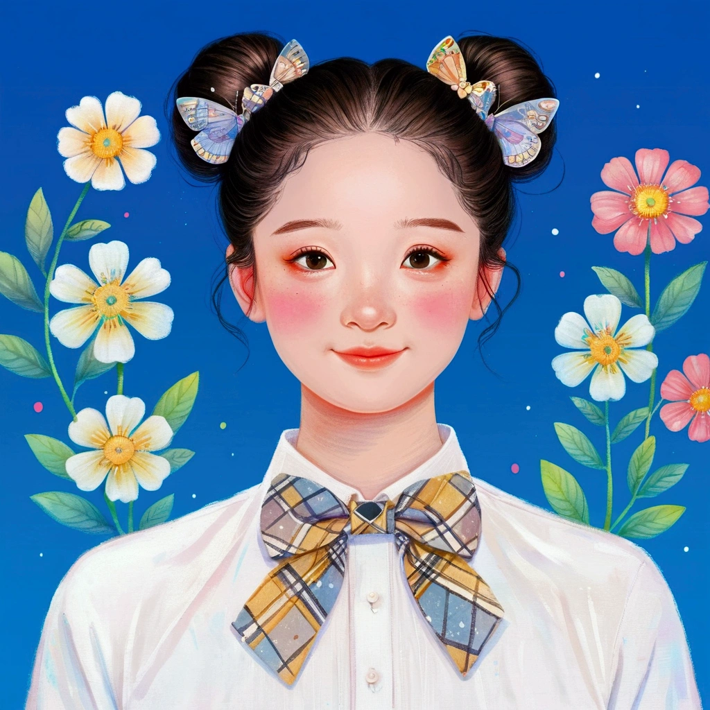 Pastel Art:Illustration for girls, big eyes,Smile,High bun,White shirt,bow tie。The Art of Mathematics ,Hot trends, The Art of Mathematics, 采用数码Illustration style, The Art of Mathematics. The Art of Mathematics illustration, Flower-faced girl, Cute illustrations, The breath of spring, Illustration Art, Illustration style, Drawn in a whimsical style