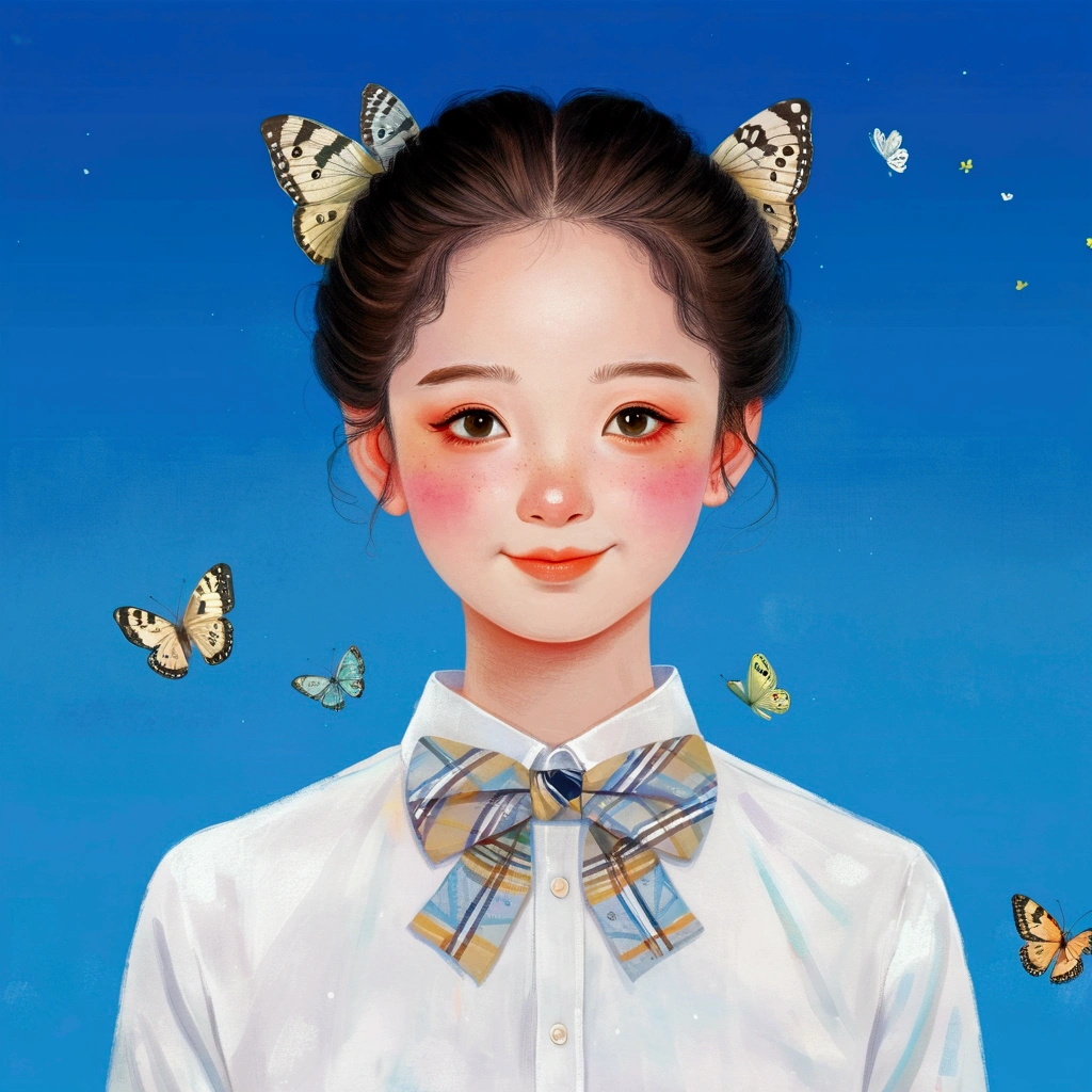 Pastel Art：Illustration for girls, big eyes，Smile，High bun，White shirt，bow tie。The Art of Mathematics ，Hot trends, The Art of Mathematics, 采用数码Illustration style, The Art of Mathematics. The Art of Mathematics illustration, Flower-faced girl, Cute illustrations, The breath of spring, Illustration Art, Illustration style, Drawn in a whimsical style
