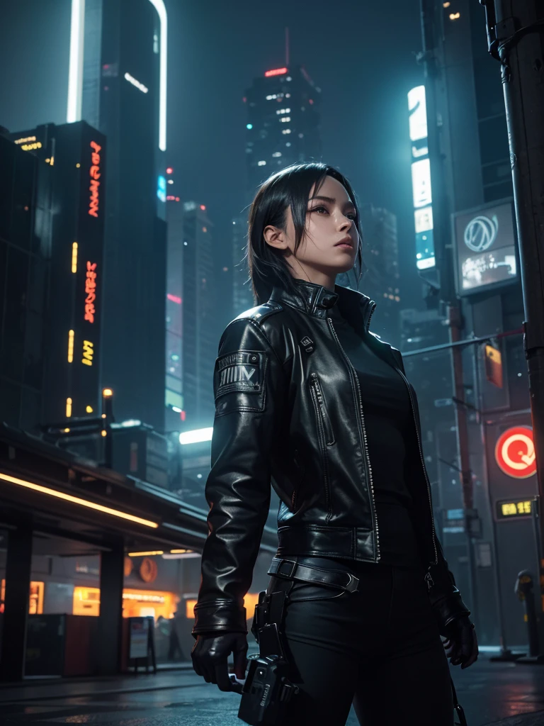 Ultra-realistic, Realistic texture, Dramatic lighting, (Highest quality:1.1), Depth of written boundary, at night, In a futuristic cyberpunk city, High resolution, shallow Depth of written boundary, Wide light, High Contrast, Backlight, bloom, The light shines, chromatic aberration, Sharp focus, Futuristic clothing, leather jacket, Beauty 512, In the middle, 