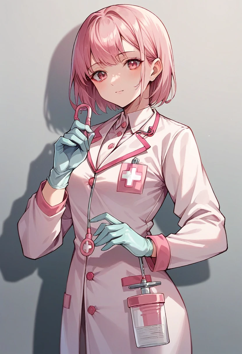 1girl, bangs, ((pink medical gloves)), ((pink surgical gloves)), ((latex gloves)), ((((long sleeves)))), looking at viewer, ((pink doctor outfit)), standing, solo