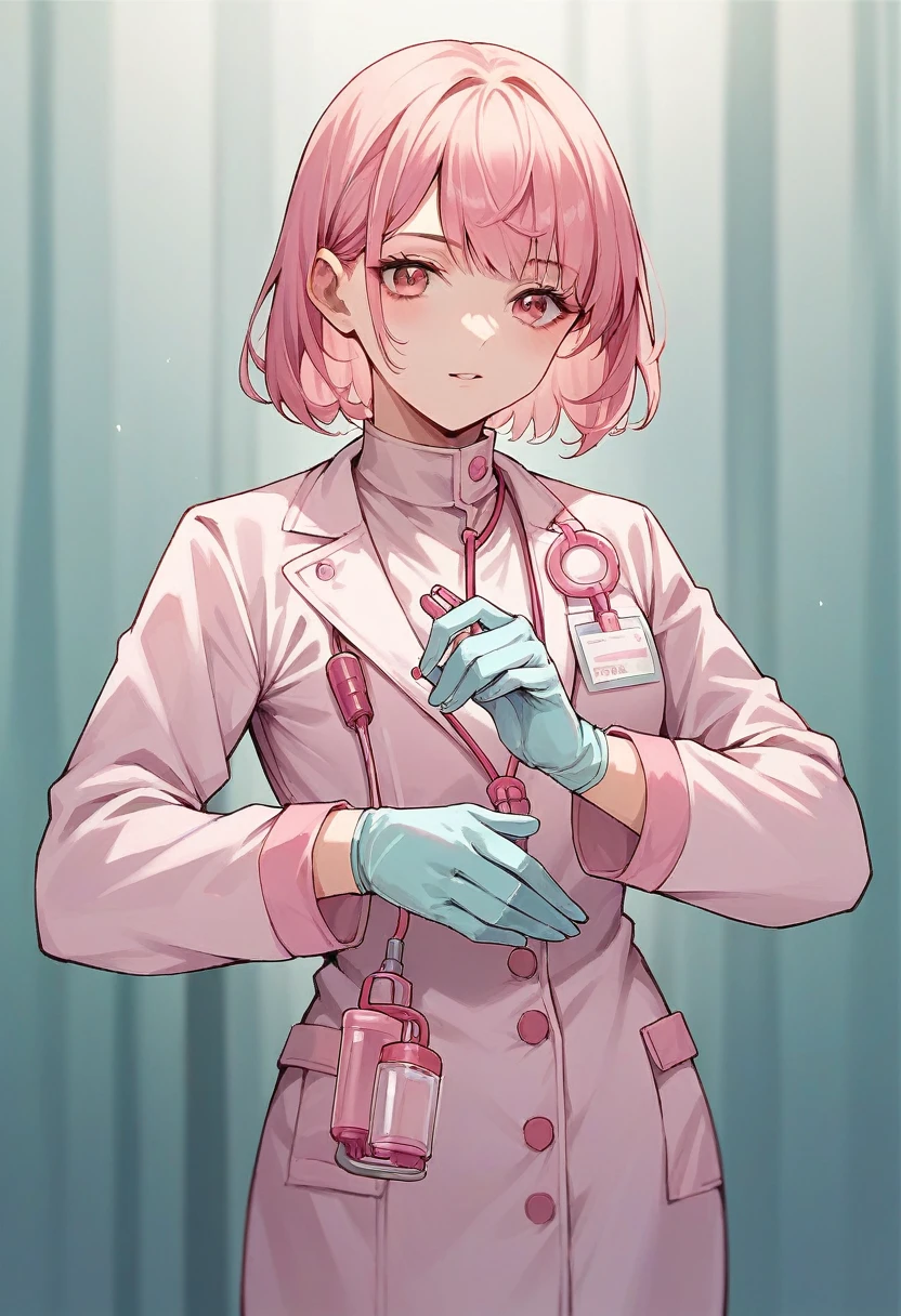 1girl, bangs, ((pink medical gloves)), ((pink surgical gloves)), ((latex gloves)), ((((long sleeves)))), looking at viewer, ((pink doctor outfit)), standing, solo