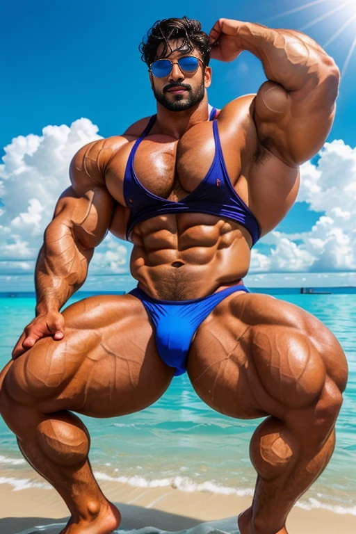 Handsome indian latino masculine strong bodybuilder man with huge wide muscular shoulders, wide chest, abs, masculine wide triceps, arms, biceps, big masculine legs, wide thighs, calfs, black-haired, hair falls on your face, Mesmerizing brown eyes, sun glasses, sunbathing on the beach in swimming wetty red tight gym vest and black thong, wetty body, water drops dripping from body
