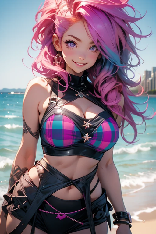Perfect face. Perfect hands. A pink haired woman with violet eyes and an hourglass figure in a Gothic plaid bikini is posing on the beach with a big smile