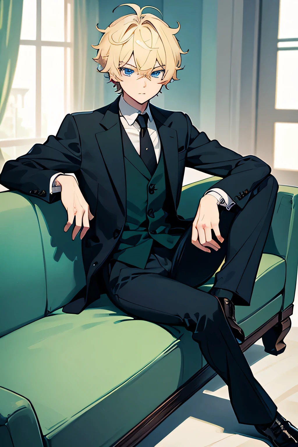 1boy, blonde hair, blue eyes, messy hair, short hair, green inside polo, black suit, full body, sitting on arm rest on sofa, side ways