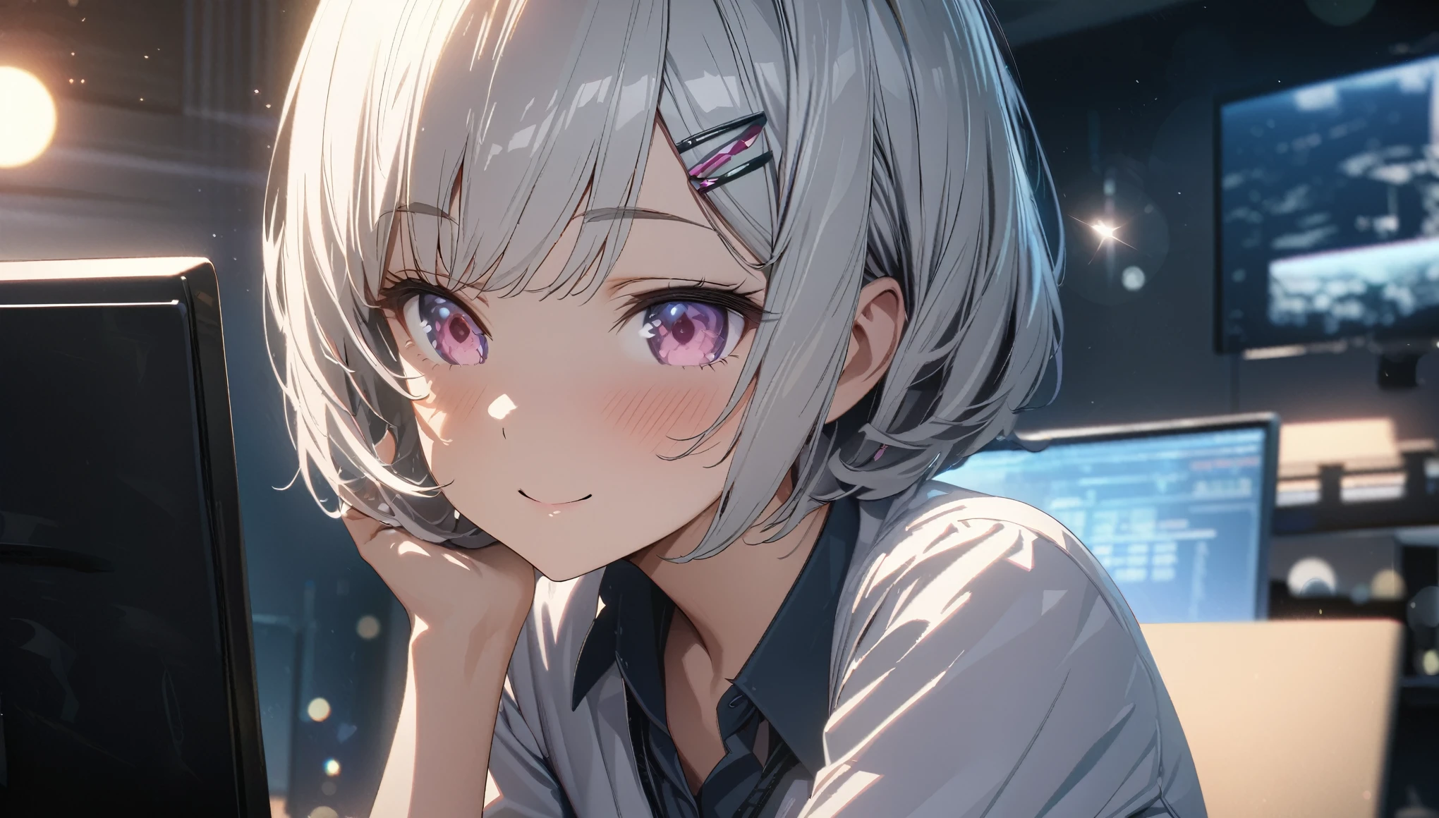 one girl, silver short hair and bob hair、I tied my hair in a bun with a hair clip..、beautiful pink eyes、smile、gentle smile on her face、flat chest, one Beautiful girl,((masterpiece, illustration, best quality) ((ultra-detailed))\,perfect face, Office lady, in the office, silver hair, short hair, office suit, ultra high resolution, ultra high details,濃い青とBeautiful Blueのグラデーション, High resolution, 8K HD detail, hyper-detail, cinematic, surrealism, soft light, deep field focus bokeh, ray tracing and surrealism. --v6