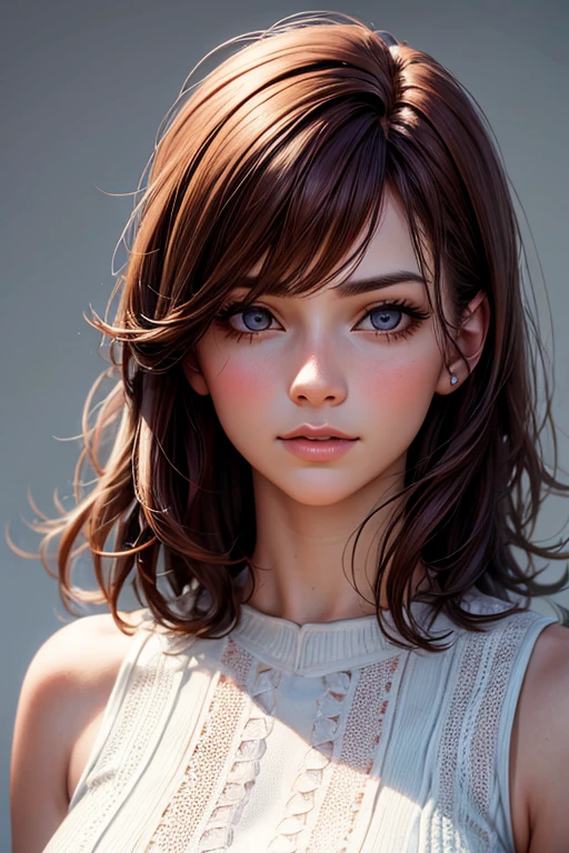 Realistic high detail portrait of a young woman with short messy dark auburn hair