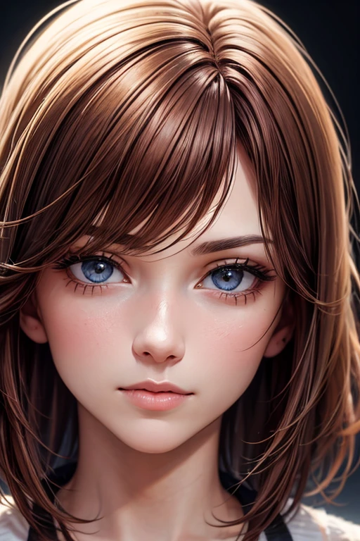 Realistic high detail portrait of a young woman with short messy dark auburn hair
