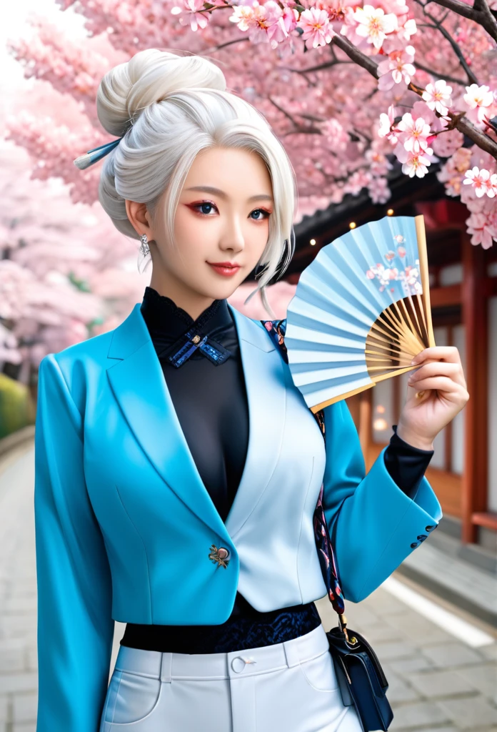 Beautiful 20-year-old woman with platinum white hair, updo hairstyle, wearing black blouse and light blue blazer and light blue pants, holding japanese fan, scenery in Japan with cherry blossom trees and Japanese lanterns, the symbol of yang and yang
