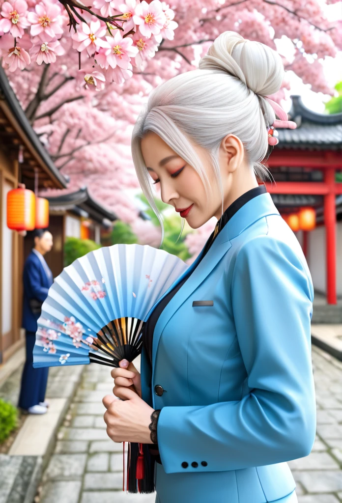 Beautiful 20-year-old woman with platinum white hair, updo hairstyle, wearing black blouse and light blue blazer and light blue pants, holding japanese fan, scenery in Japan with cherry blossom trees and Japanese lanterns, the symbol of yang and yang
