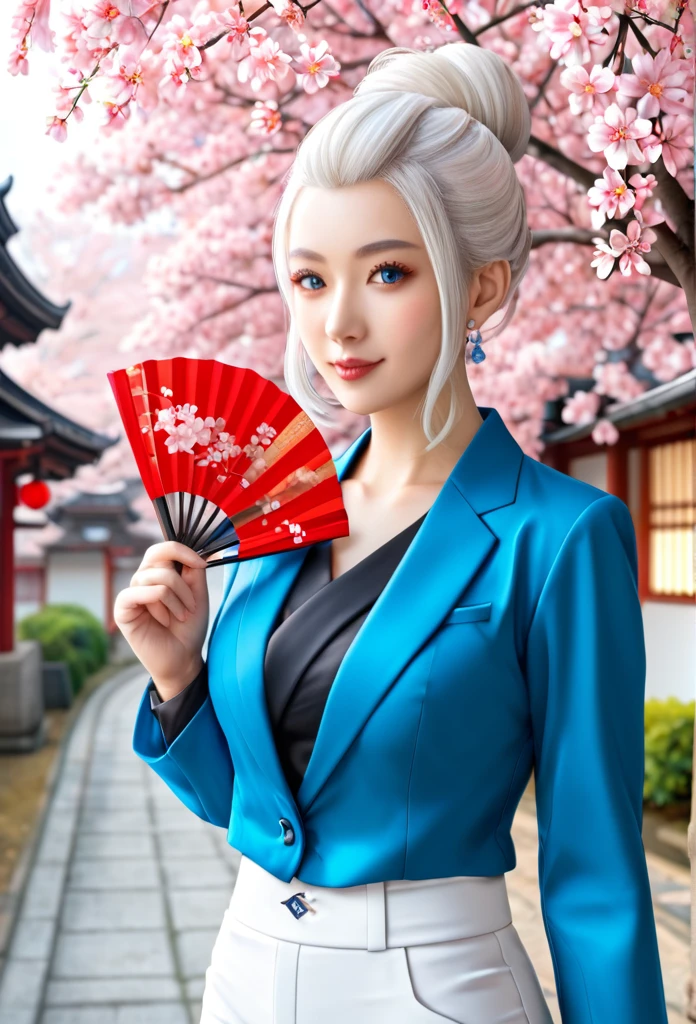Beautiful 20-year-old woman with platinum white hair, updo hairstyle, wearing black blouse and light blue blazer and light blue pants, holding japanese fan, scenery in Japan with cherry blossom trees and Japanese lanterns, the symbol of yang and yang 