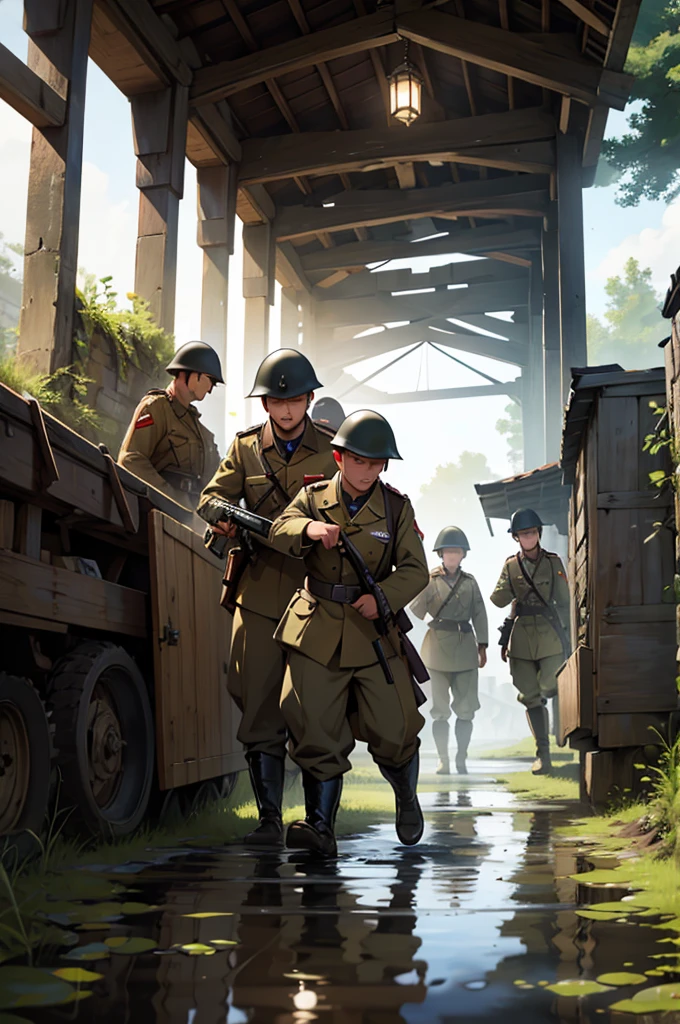 Create a scene set in the Second World War of brave soldiers on the battlefield in different scenarios, a reflective and historical environment.