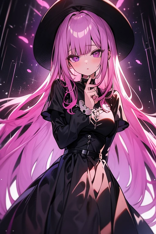 Perfect face. Perfect hands. A pink haired woman with violet eyes and an hourglass figure in a Gothic ballgown is standing in the rain