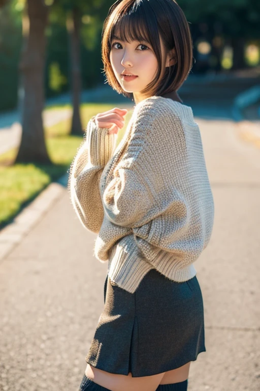 a young japanese woman with short bob haircut, cute, glamorous, 23 years old, wearing mini skirt, summer knit sweater, black thigh high socks, beautiful detailed eyes, beautiful detailed lips, extremely detailed eyes and face, long eyelashes, elegant, graceful pose, outdoor summer scene, sunlight, warm color tones, cinematic lighting, photorealistic, 8k, high quality, detailed, intricate, masterpiece