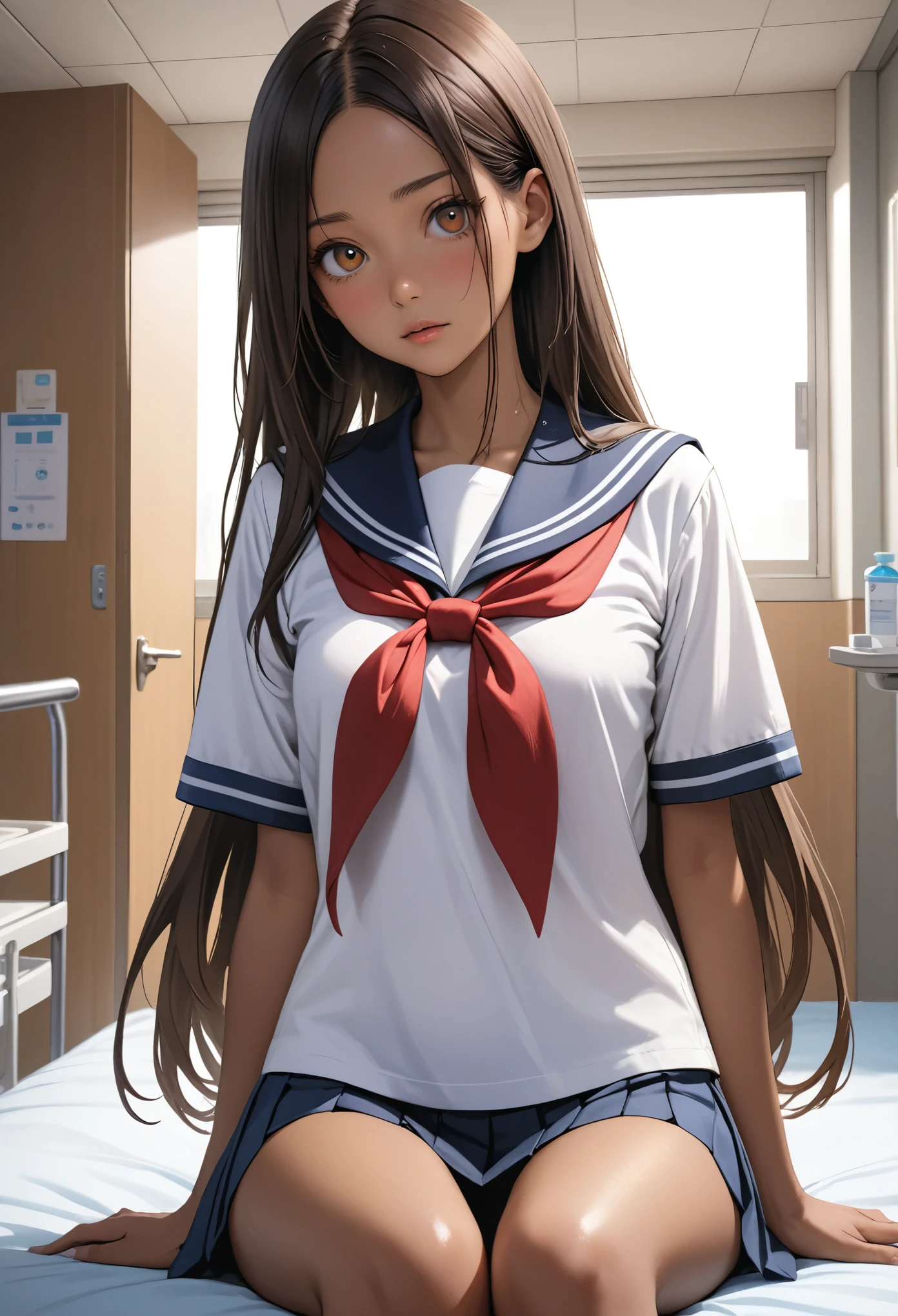 ((masterpiece,Highest quality:1.3,best quality illustration)),realistic,cowboy shot,1woman,(Mature Beauty),((very small head:1.4)),ideal ratio body proportions,brown hair,straight long hair,center parted bangs,gorgeous big eyes,brown eyes,blush、((tan skin,skinny,slender body)),、White short-sleeved sailor uniform、Navy blue sailor collar、Red neckerchief、Navy blue pleated mini skirt,small breasts,gleaming skin,sweat,sitting simple bed、simple hospital room、Tokyo、