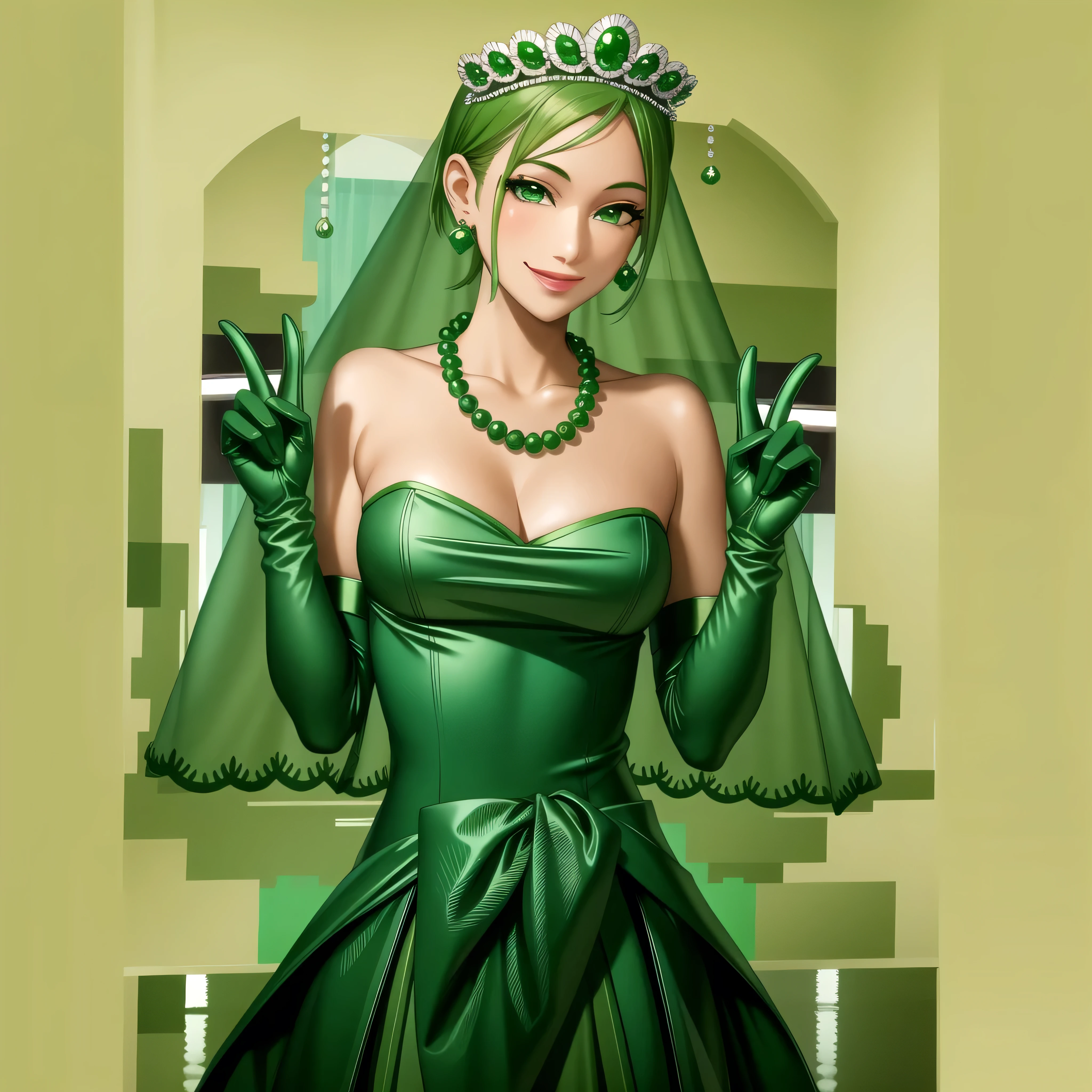 Emerald tiara, Green Pearl Necklace, Boyish very short green hair, Green Lips, Smiling Japanese woman, Very short hair, Busty beautiful lady, Green Eyes, Green satin long gloves, Green Eyes, Emerald Earrings, Green veil, all, Green Hair, Beautiful Japanese Women, green lip gloss