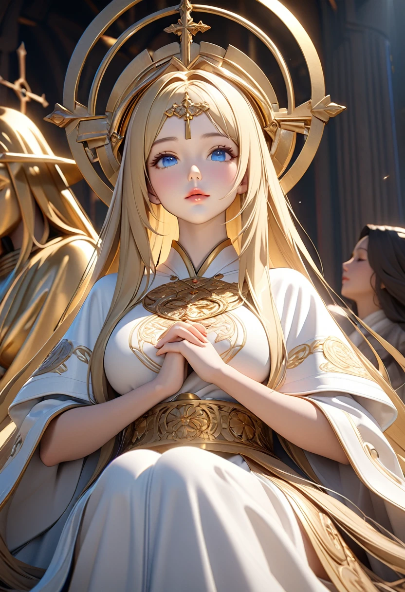 Ultra-high resolution 3D CG portraits,Painting a portrait of a beautiful sister,The sister is 22 years old and has a very beautiful figure.Blonde Straight Her long hair shines brightly, her beautiful blue eyes and her beautiful nose and lips.Her breasts are a little big and beautiful,She wears a beautiful white monk's robe.Beautifully embroidered in gold,
break,She sits on her knees,I pray with my hands clasped in front of my face and my eyes closed in front of the statue of Christ.A beautiful light shines above the sister's head.Side shot,(Ultra high quality, ultra high definition, masterpiece best quality, 4k, 8k:1.5). Ultra detail,Ultra-fine painting, physically based rendering,Religious and fantasy depictions,Professional photo resolution,
