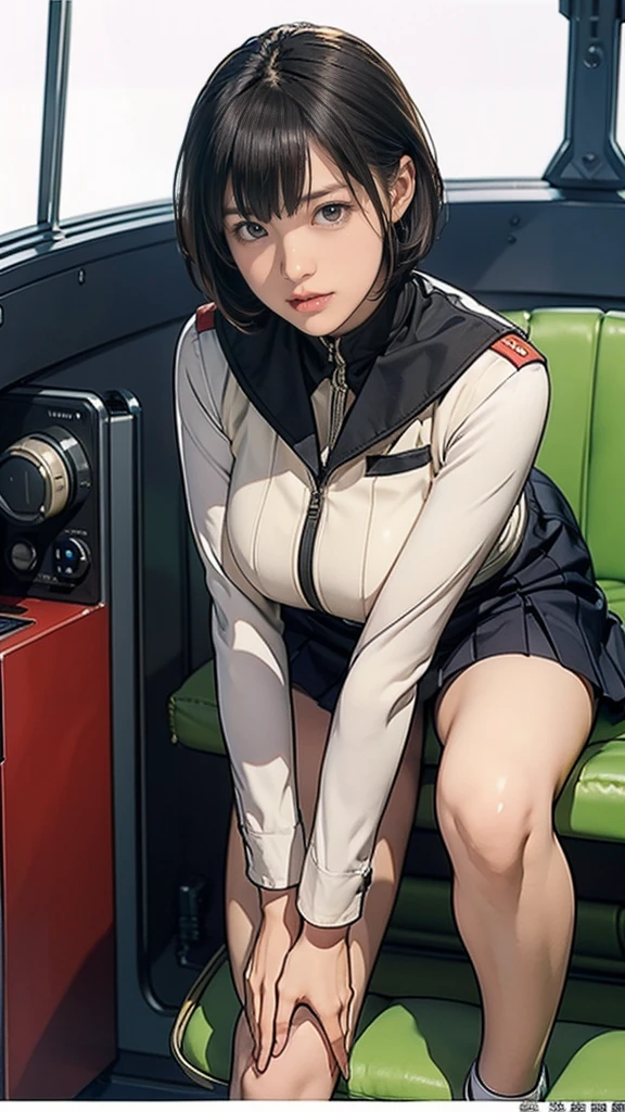 10-year-old girl、Earth Federation Operator Girl Soldier、Black short hair、Large Breasts、Idol-level cuteness、Childish face and appearance、Operator intercom mounted on head、Accurately drawn faces、thin、健康的なKnee-lengthスカート風の地球連邦軍制服、Knee-length、Inside the bridge of a battleship、Low angle shot、Anatomically correct、Accurate Fingers、Accurate Rimbuster Piece、Photorealization