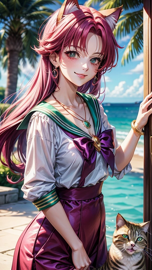 Magenta hair, green eyes, older woman, sailor scout clothes, hair jewel ornament, cat ears, necklace, long hair, smiling face