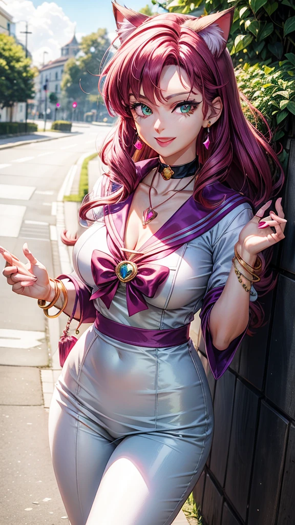Magenta hair, green eyes, older woman, sailor scout clothes, hair jewel ornament, cat ears, necklace, long hair, smiling face