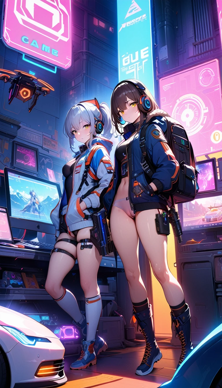 ((high quality)), ((masterpiece)), 8k, Two Girls, car, light, extremely detailed CG unity 8k wallpaper, CG games, View your viewers, gloves, boots, whole body, clock , computer, mask, Drone, Possession of a gun, Headphones, Jacket, bag, Backpack, Camel Toe, neon
