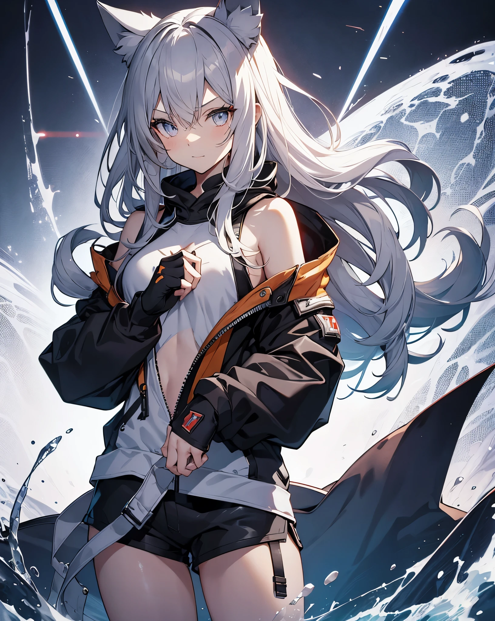 1girl, {alone}, Shes doing surf on an Australian beach, full body shoot ,{{ {Looking at viewer}}}, neko ears, cat ears, Arms at your sides, Concept Art, white returnground, simple returnground, Gray Hair, Silver Gradient Hair , Complex fabric, Asymmetrical clothing, Virtual YouTuber, highest quality, masterpiece, Dynamic Angle, Guilty Gear, Guilty Gear, Guilty Gear, full_shot, Looking_return, grab, girl,woman,woman, young,20-year-old, Very long hair, Reverse hair, Silver Hair, Flowing Hair, Grin, Beautiful and delicate golden eyes with black pupils and reflexes, Moderate_chest, Blonde detailed Eyes, White skin,hoodie, black_Shorts, Grey clothes, transparent_returnground, returnlighting, absurdes, High resolution, Super detailed,、black jacket、Cool composition、Black gloves、bare shoulders, loose hoodie.
She's a pro.