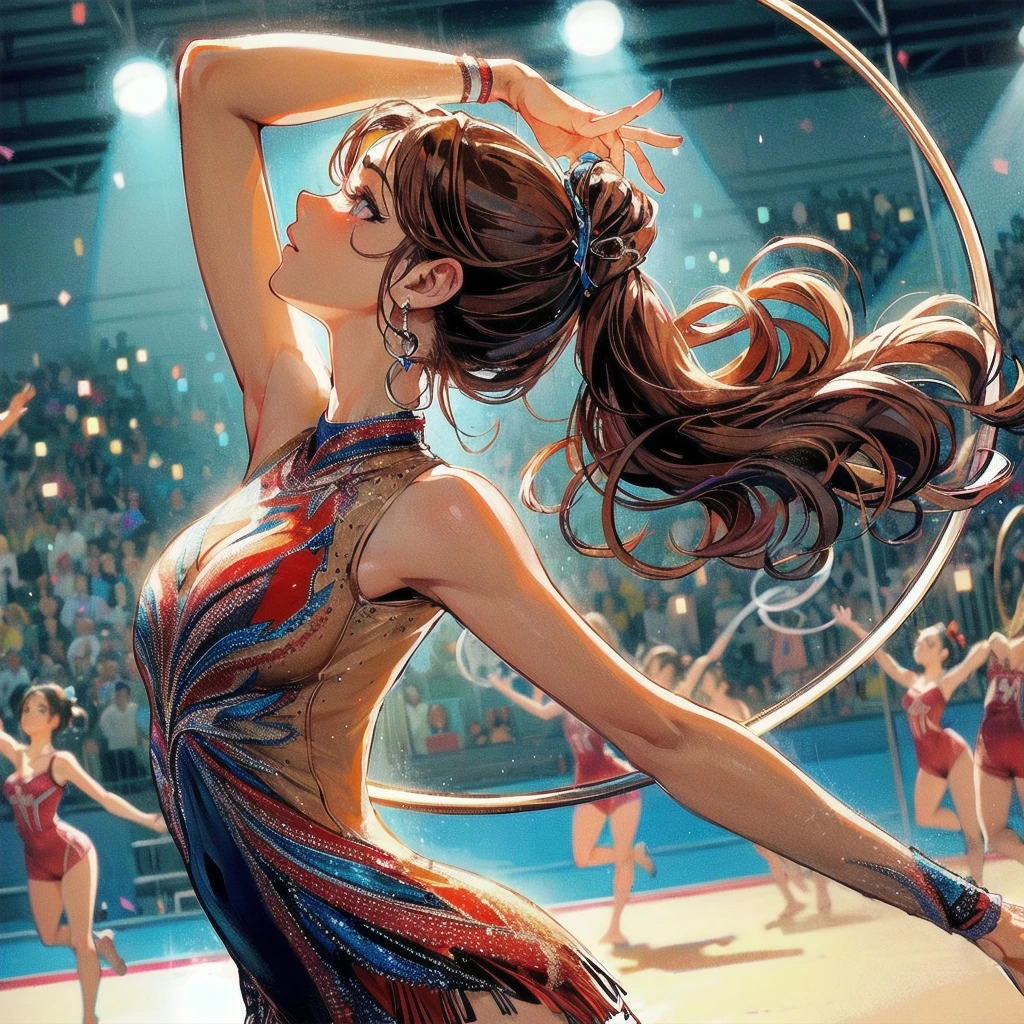 high quality,HD,16k,sharp lines,1 girl,Female rhythmic gymnast ,cute face, large breasts, nice legs,At the rhythmic gymnastics venue,focus girl,detailed beautiful face,detailed clothes,beautiful eyes,cool,dynamic angle