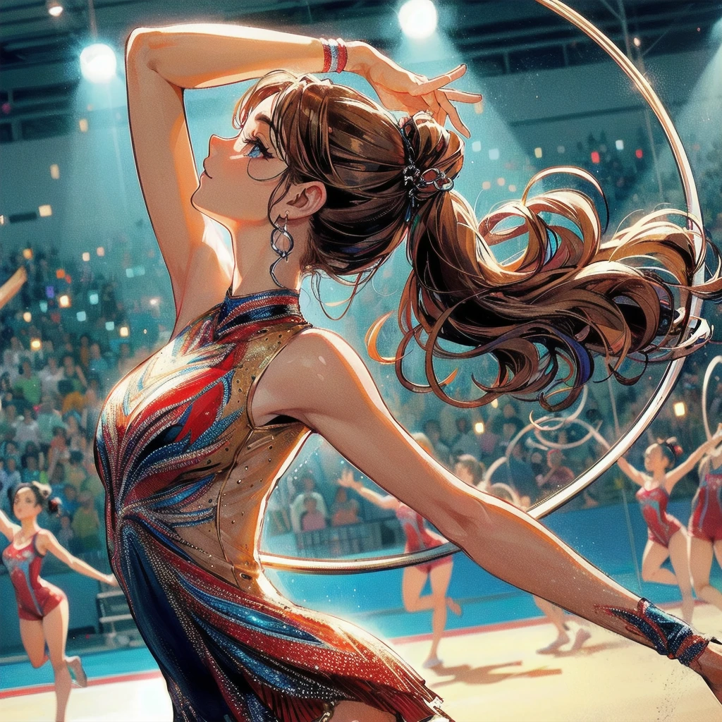 high quality,HD,16k,sharp lines,1 girl,Female rhythmic gymnast ,cute face, large breasts, nice legs,At the rhythmic gymnastics venue,focus girl,detailed beautiful face,detailed clothes,beautiful eyes,cool,dynamic angle