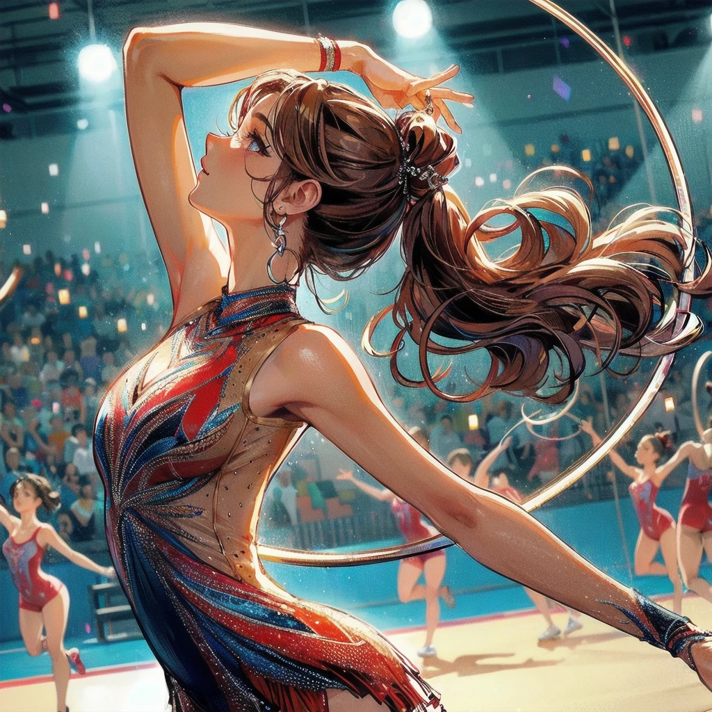 high quality,HD,16k,sharp lines,1 girl,Female rhythmic gymnast ,cute face, large breasts, nice legs,At the rhythmic gymnastics venue,focus girl,detailed beautiful face,detailed clothes,beautiful eyes,cool,dynamic angle
