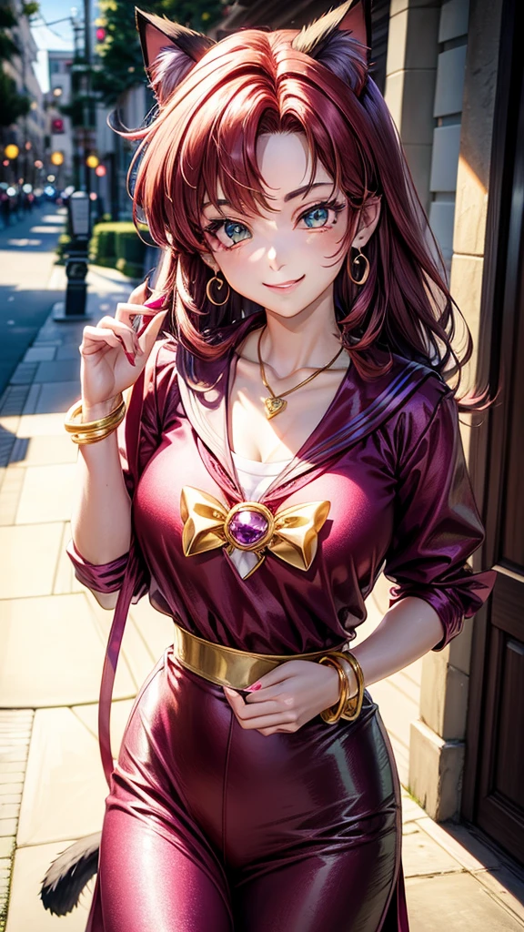 Magenta hair, green brown eyes, older woman, sailor scout clothes, hair jewel ornament, cat ears, necklace, long hair, smiling face, gold clothes