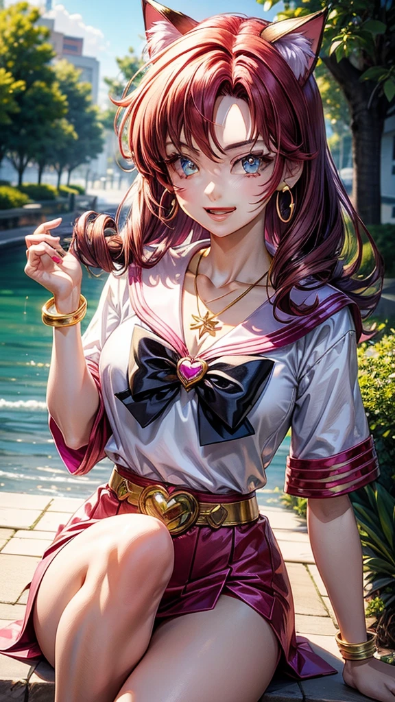 Magenta hair, green brown eyes, older woman, sailor scout clothes, hair jewel ornament, cat ears, necklace, long hair, smiling face, gold clothes