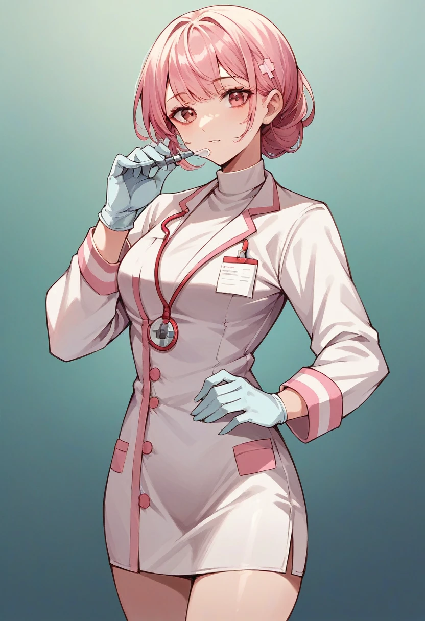 1girl, bangs, ((white medical gloves)), ((surgical gloves)), ((latex gloves)), ((((long sleeves)))), looking at viewer, ((pink doctor outfit)), standing, solo