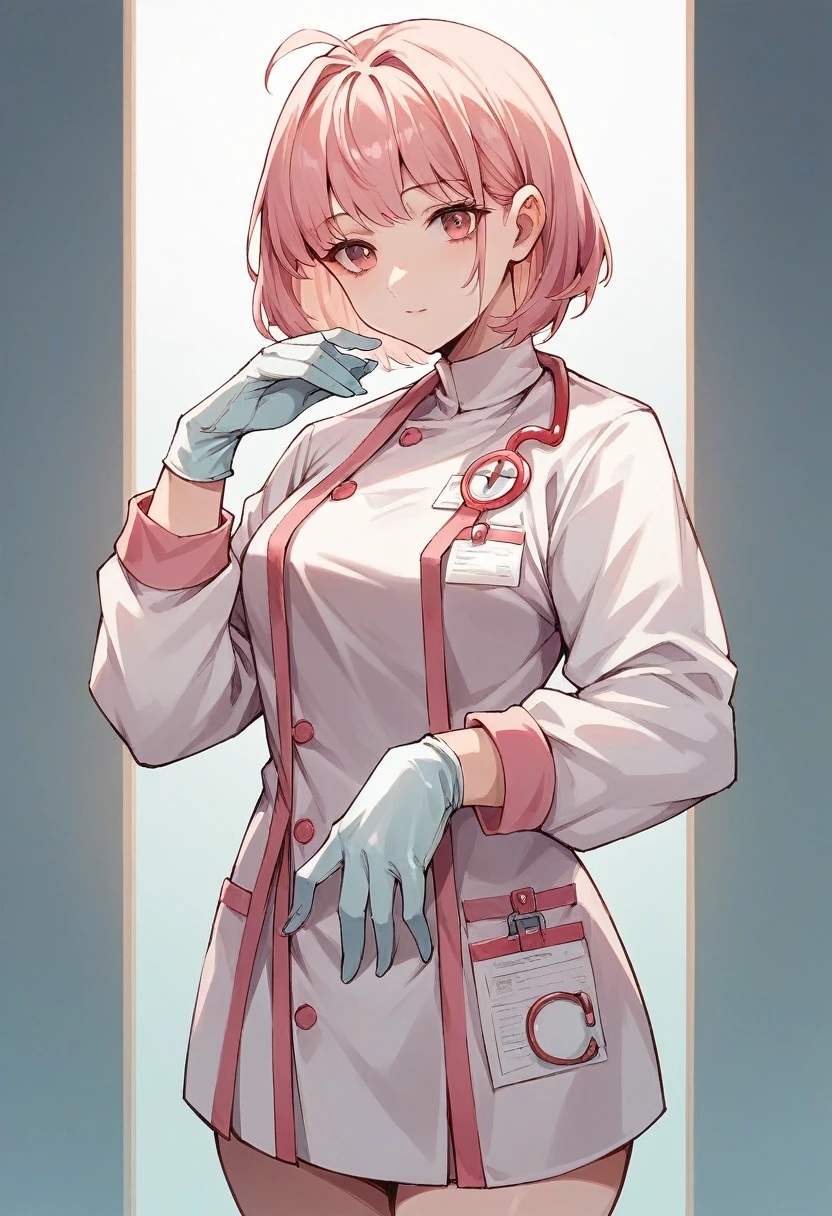 1girl, bangs, ((white medical gloves)), ((surgical gloves)), ((latex gloves)), ((((long sleeves)))), looking at viewer, ((pink doctor outfit)), standing, solo