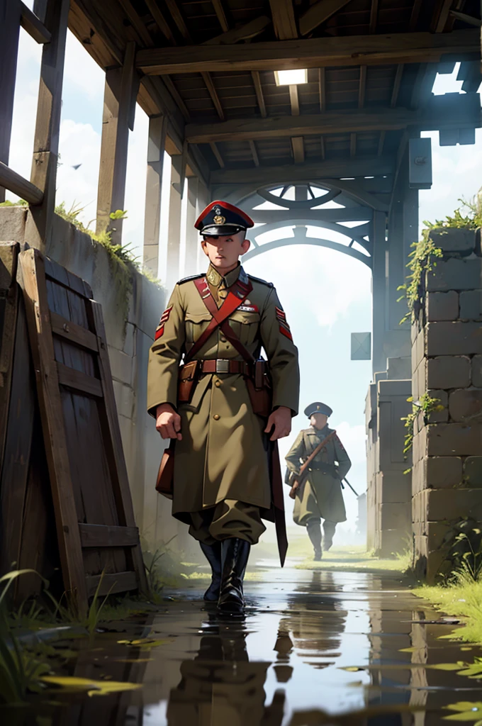 Create a scene set in the Second World War of brave soldiers on the battlefield in different scenarios, a reflective and historical environment.
