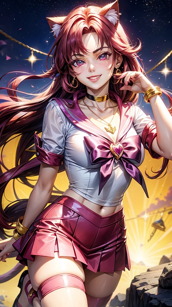 Magenta hair, hazel eyes, older woman, sailor scout clothes, hair jewel ornament, cat ears, necklace, long hair, smiling face, gold clothes