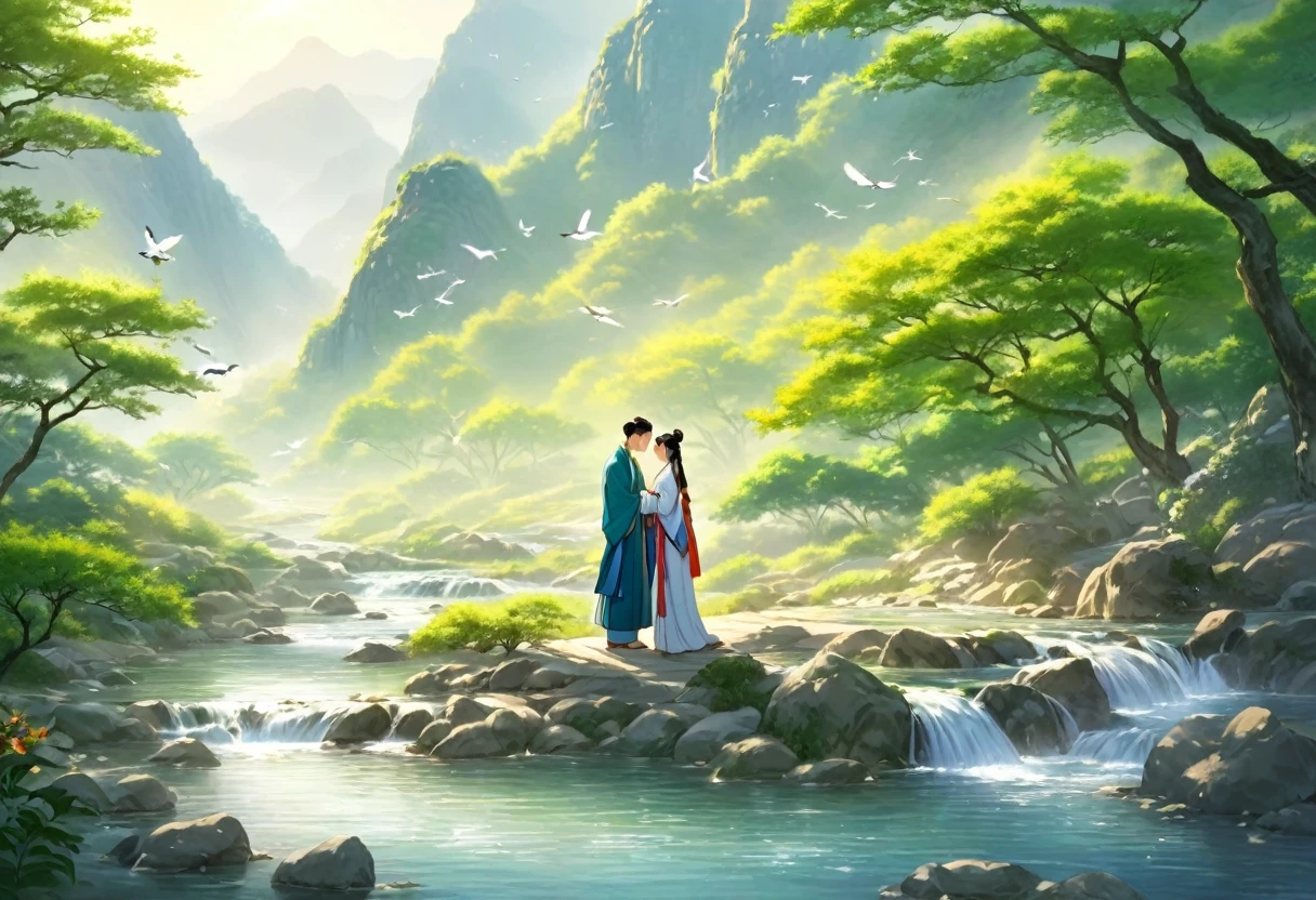 ancient china, spring morning with green trees and birds singing, in the foot of a mountain there is a stream, a man and a woman wearing long hanfu robes standing next to the stream kiss each other