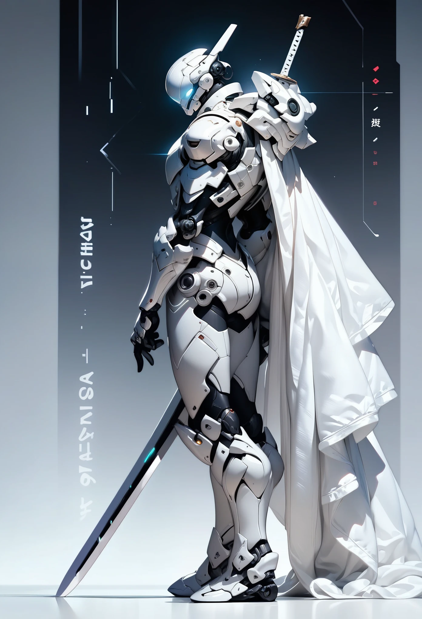 1 boy, alone, three-quarter profile, detailed background well integrated into the image, white armor, white glowing eyes, full body, light armor, white hair, cyberpunk, sword pointing to the ground, white cape, holding a sword stuck in the ground, sword with white and black engravings, background of a castle entrance, full white armor, white futuristic helmet, standing pose leaning on the sword, tight armor, dark aura, white mechanical arm, side view
